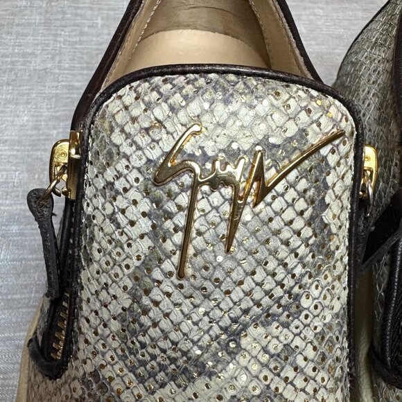 Giuseppe Zanotti Women 37.5 Python Print Low-Top Slip on Sneakers Gold Zippers - Picture 8 of 14